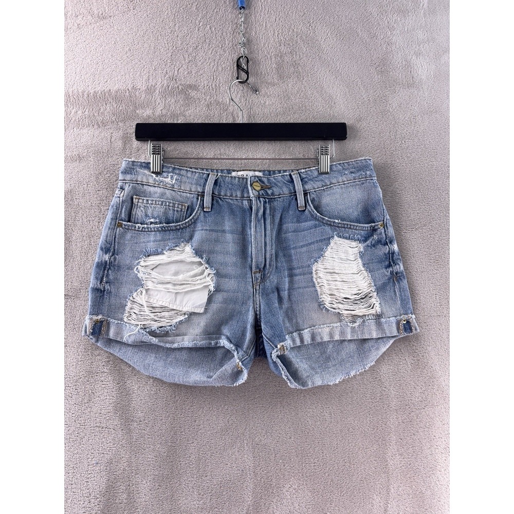 FRAME Le‎ Grand Garcon Shorts Womens Size 27 Blue Distressed Denim Chic
